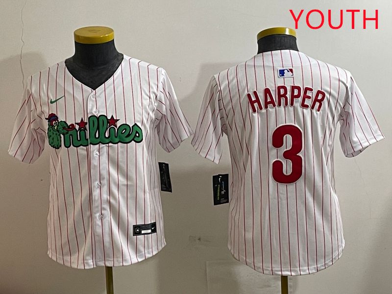 Youth Philadelphia Phillies 3 Harper White three generations Joint Name Nike 2025 MLB Jersey style 1